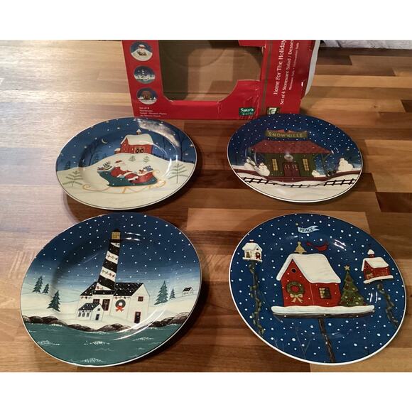 Sakura ONEIDA Warren Kimble Christmas Plates Home For The Holidays Set Of 4 NEW - Picture 1 of 11